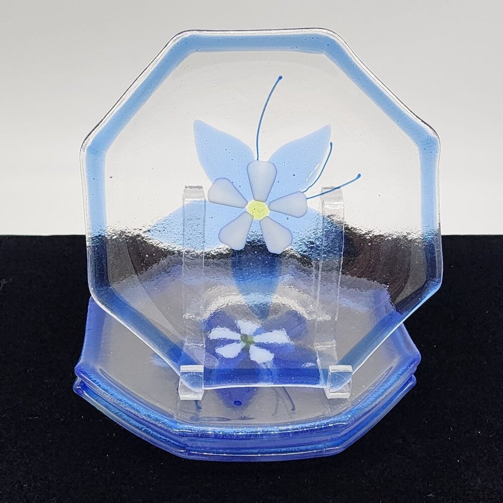Fused Glass Plates Blue Rim & Flowers Octagon Shaped 8" Diameter Set of 4 VTG
